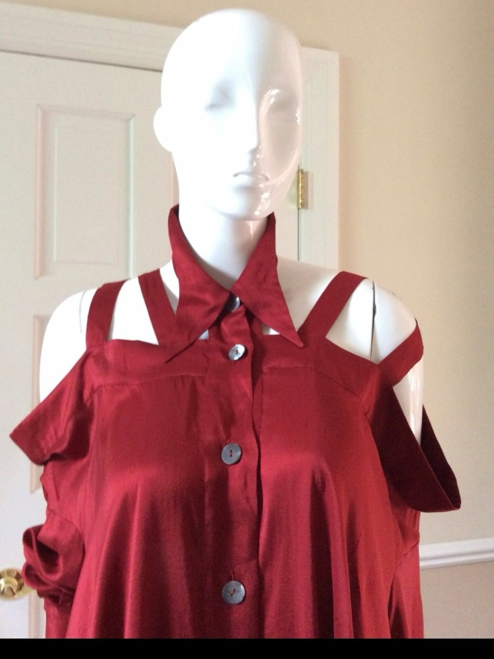 Romeo Gigli 1990 Burgundy silk asymmetrical bare shoulder coat USA 8 l42